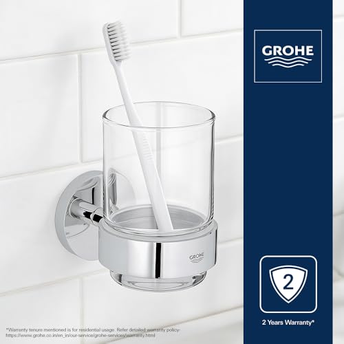 Image of GROHE Essentials Crystal Glass with Holder| Premium Glass & Durable Metal Construction| Chrome Finish | Wall-Mounted | Toothbrush & Accessory Organizer | 2 Year Warranty | 40447001