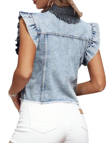 Womens Ruffle Cap Sleeve Denim Vest Top Button Down Distressed Cropped Jean Denim Jacket4