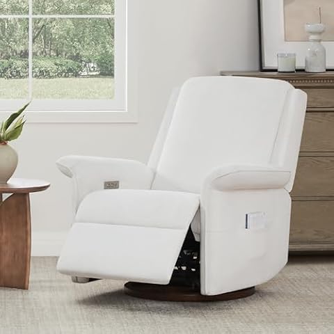 Watson & Whitely Power Recliner Chair for Adults, Swivel Nursery Recliner Glider Rocking Chair with Wide Armrest & Solid Wood Base, Nursery Reclining Sofa Chair for Living Room, Bedroom, White Cover