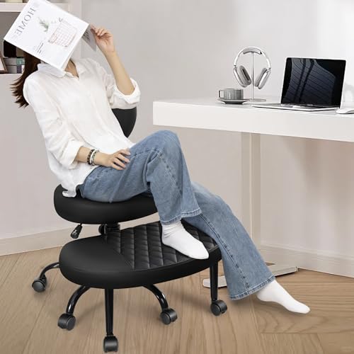 Ergonomic Cross Legged Office Chair with Wheels - Adjustable Height for Meditation, ADHD Desk & Yoga - Wide Criss Cross Design with Lumbar Support, Kneeling Chair - Black