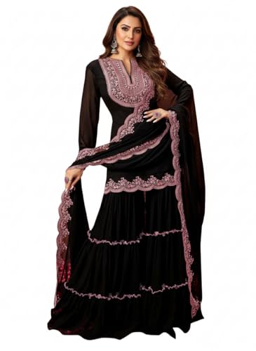 Image of TRENDMALLS Women's Georgette Embroidery Sequence Work Kurta Sharara Set with Dupatta Salwar Suit Set For Women
