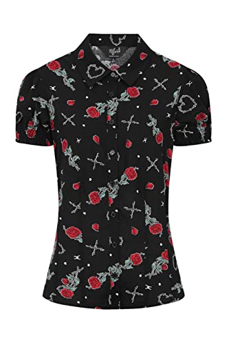Hell Bunny Zoey Blouse Floral Roses Top Goth 50S Alternative Short Sleeve Shirt, Black, L #TOP3