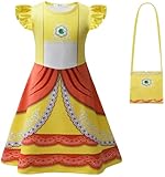 Kolegrial ‌Niñas Peach y Daisy Disfraz Cosplay Princesa Rosa y Amarillo Impresión Vestido con Bolsa para Navidad Carnaval Halloween Fiesta Cumpleaños Mascarada Fancy Vestido de Baile, 3-9 años