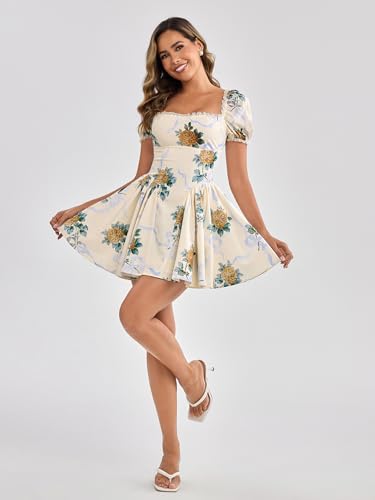 Image of Parthea Women's Floral Square Neck Mini Dress Lace Puff Sleeve Off Shoulder Smocked Flowy A Line Summer Dresses for 2026