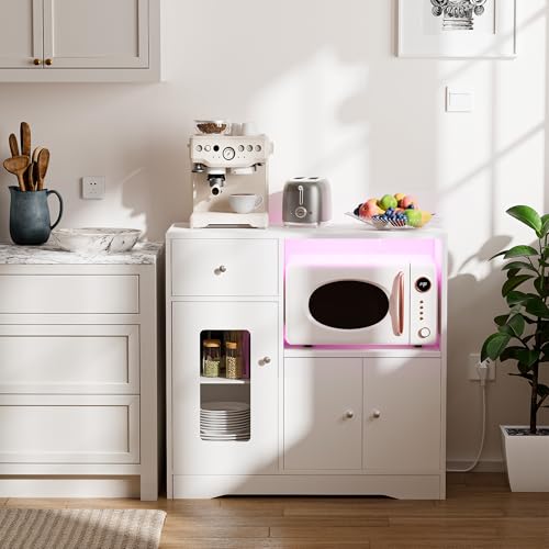 Ztexkee Buffet para microondas con Enchufe, Aparador de Cocina con 1 cajón, 2 armarios y Estante para microondas, Aparador 83x40x80 cm para Comedor, Cocina, salón Blanco
