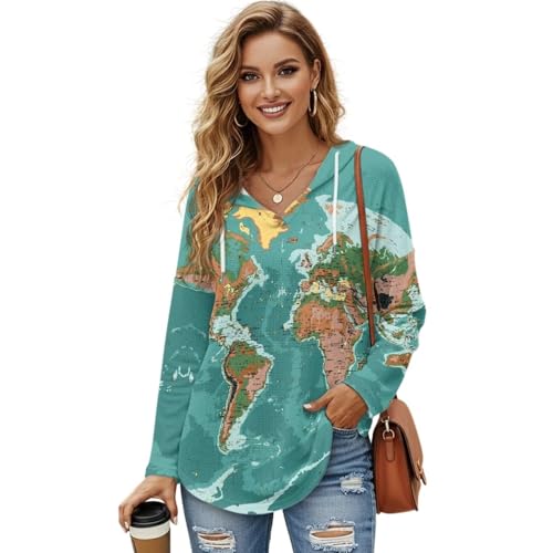 Jeiento Women's World Map Pattern Hoodie Long Sleeve Hooded Top Lightweight Casual Athletic Shirt Drawstring Yoga Tops,XL