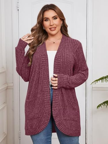 Image of BELAROI Women Plus Size Cardigan Sweater Fall Outfit | Open front long cardigan, lightweight sweater, versatile layering tops for fall winter, daily wear, outdoor, office clothes