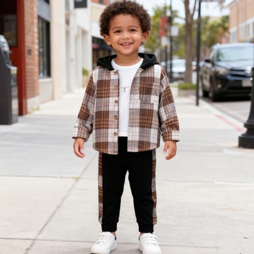 Image of OLMRJKD Toddler Baby Boy Clothes Plaid Long Sleeve Hoodie Sweatshirt + Pants 2pcs Boys Outfit Set
