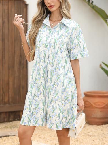 LifeShe Summer Floral Dress Women's Printed Casual Sundress Short Sleeve Button Up Shirt Dresses with Pockets2