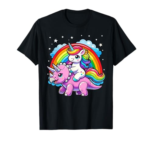 Unicorn Riding Dinosaur Triceratops Funny Boys Girls Rainbow T-Shirt