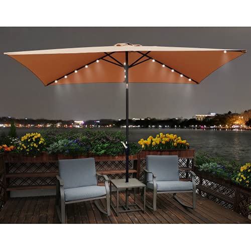 Fuzofuiz Patio Umbrella Solar Led Lighted Outdoor Rectangular Umbrella Patio Market Table Umbrella With Tilt And Crank Waterproof Sunshade Canopy 6 Ribs For Garden, Lawn, Deck, Backyard & Pool (Brown) #TOP1