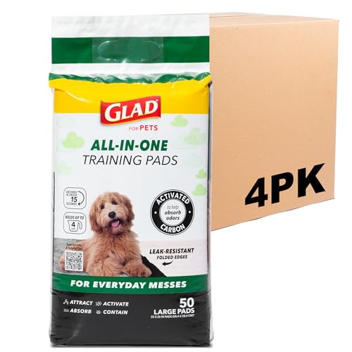 Image of Glad for Pets Black Charcoal Puppy Training Pads with Odor Control and Pheromone Attractant, Leak Resistant Dog Potty Pads for House Training Puppies and Dogs, 23 x 23 in, 50 Count - 4 Pack