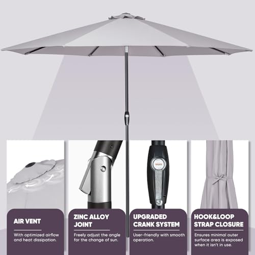 Image of Tempera 9ft Patio Market Outdoor Table Umbrella with Auto Tilt and Crank, Large Sun Umbrella with Sturdy Pole & Fade Resistant Canopy, Easy to Set, Grey