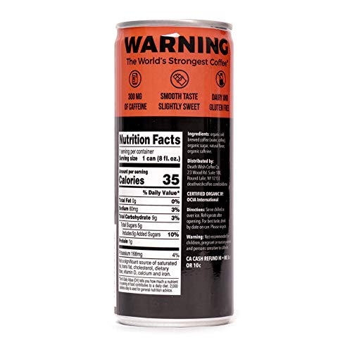 Death Wish Coffee, Cold Brew Cans, The World’s Strongest Coffee, Organic Iced Coffee Drink - 8 Ounces - 300 mg of caffeine - 4 Pack (Slightly Sweetened Black) - Thumbnail 7