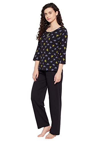 Image of Clovia Cotton Women's Fly Print Top & Solid Pajama Set