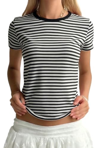 Image of Cute Striped Graphic Tees for Women Y2k Short Sleeve Preppy Teen Crop Tops