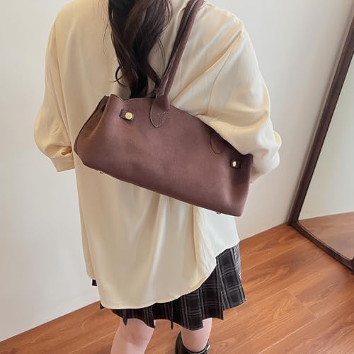 Lushandy Faux Suede Shouler Bag for Women Brown Purse 2025 Fall Trendy Tote Purse Bowler bag Top Handle Designer Hobo Handbag4