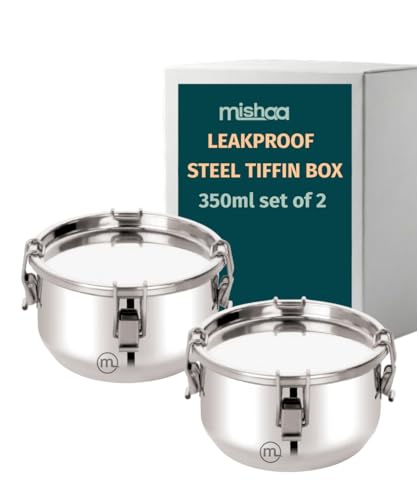 Image of Mishaa Steel Leakproof Tiffin /Lunch Box Set of 2 (350ML Each), Airtight & Spill-Proof Container for Curry & Liquid Items, Steel Lunch Box for School, College & Office, Suitable for Men, Women & Kids