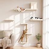 FUKUMARU Cat Wall Shelves, Stable & Safe 5 in 1 Cat Walls Furniture Set, Wooden Kitten Climbing Wall with Scratching Post for 16 Inch Drywall - Beige