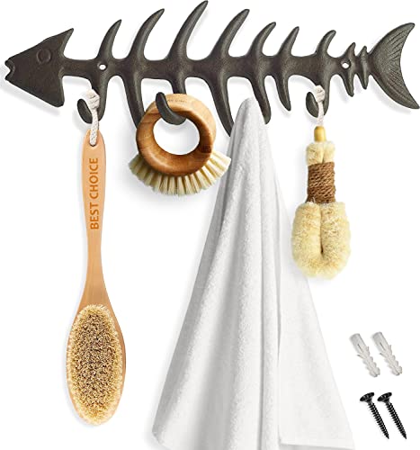 Comfify Estante Decorativo de la Toalla de los Huesos de Pescados para Montaje en Pared Elegante Colgador de Hierro Fundido con 4 Ganchos h - Incluye Tornillos y Anclajes Cover