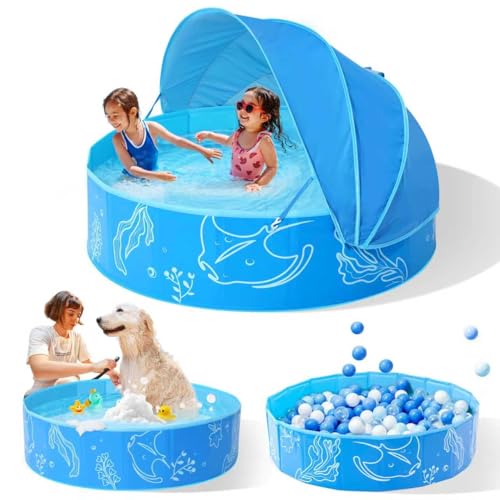 Hikiddy Foldable Kiddie Pool with Canopy: 47in Baby Pool and Beach Tent for Toddlers Infants 6-12 Months and Kids 2-4 Years Old - Portable Water Play...