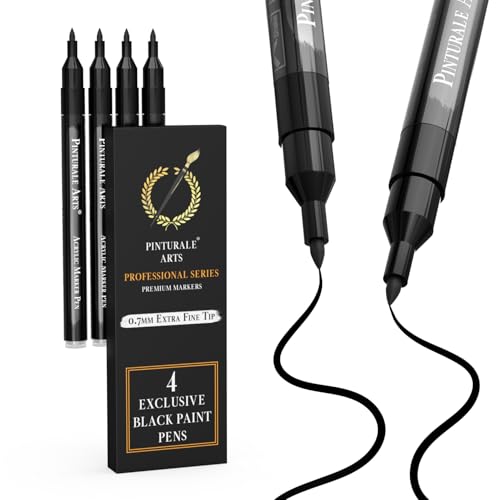 Pinturale Arts® Feutre Acrylique Noir | Lot de 4 Feutres Noirs | Marqueur Acrylique Noir à Pointe Fine 0,7mm | Pour Bois, Verre, Pneu, Pierre
