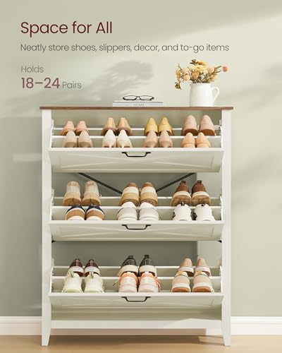 Image of VASAGLE LIRY Collection - Shoe Storage Cabinet Organizer with 3 Flip Drawers, Freestanding Narrow Shoe Rack Cabinet for Entryway, Farmhouse Style, Fits 18 to 24 Pairs, Rustic White UHSC301WJ01S