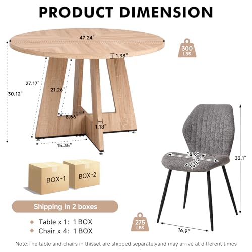Image of 47 inch Round Dining Table Set for 4, Kitchen Table and Chairs | Wooden Cross Base, Boucle Fabric Chair, for Apartment