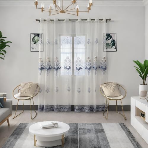 Amidoudou 1 Paar Europäische Luxus Gestickte Transparente Vorhänge Für Wohnzimmer Schlafzimmer Tüll Vorhänge(Weiß und Blau,2-Set H 230 x B 130 cm)