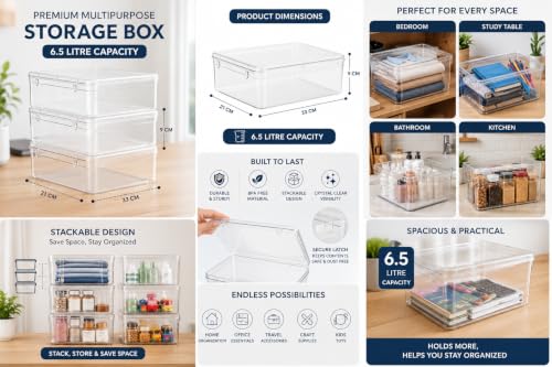 Image of Plastic Storage Boxes Pack of 3 - Transparent Lockable Containers for Jewellery, Medicines, Toys & Home Essentials - 6500 ML Large Capacity (33x21x9 cm, Size No. 99)