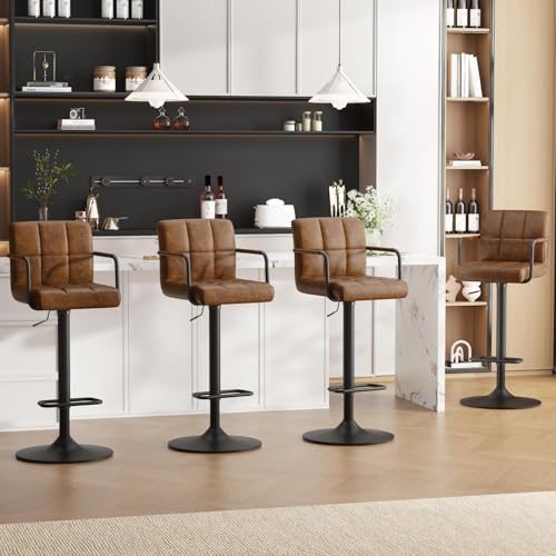 Ckaff Tabouret de Bar Lot de 4, Tabouret de Cuisine Pivotants 360°,Chaise de Bar Réglable en Hauteur avec Similicuir avec et Repose-Pieds, Dossier,...