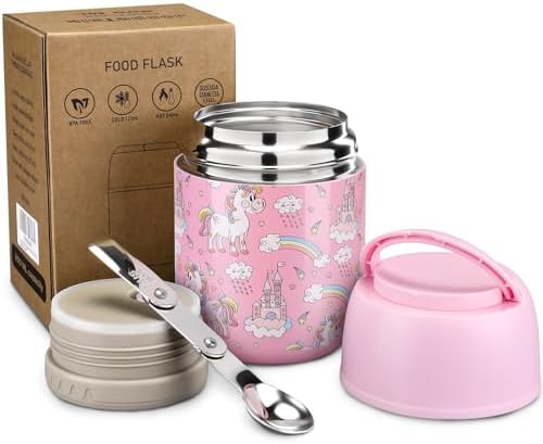 17 oz Insulated Lunch Containers Hot Food Jar, Wide Mouth Lunch Thermo for Kids Adults, Vacuum Stainless Steel Lunch Box With Handle Folding Spoon for School, Office Pink-Unicorn