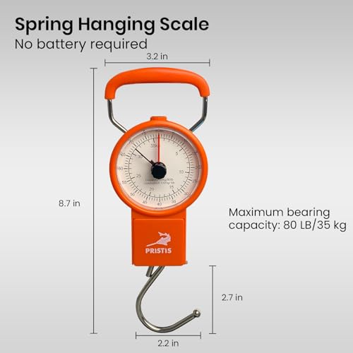 Image of Pristis Fishing Hanging Scale with Tape Measure for Farm Kitchen Luggage | 80 LBs Fish Weight Analog Spring Hook Crane Scale Kit with Non-slip Large Handle, Portable Gear Equipment Weighting Accessory