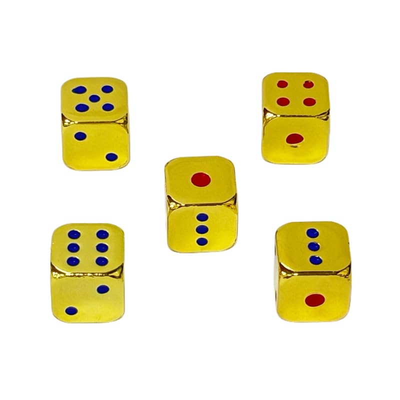 5 Pieces 6-Sided Dice 13MM Solid Metal Game Dice Set Zinc Alloy Polyhedral Dice for Board Game (Golden with Colored Points)
