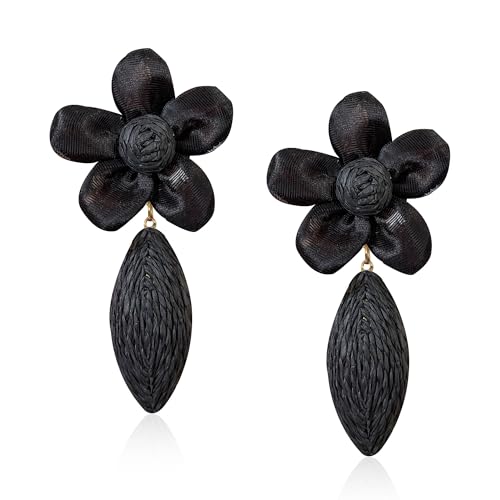 JUNENTER フラワーラタンイヤリング レディース ステートメント ボヘミアン ラフィア ストローラップ フラワー ドロップ ダングルイヤリング サマー トロピカル ビーチ (ホットピンク)