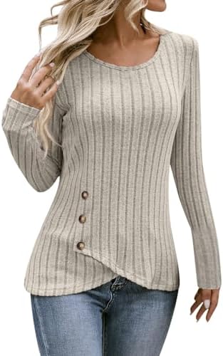 Cozy Sweaters for Women Long Sleeve Business Casual Tunic Outfits Crew Neck Tops with Buttons Winter Fashion Shirts