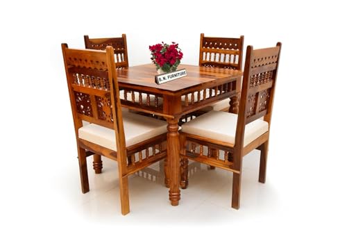 Image of BN Furniture Premium Solid Sheesham Wood Traditional Dining Table Set of 4 | Wooden Four Seater Dinning Table with 4 Chairs with Cushion | Dining Room Sets for Restaurants | Dark Brown