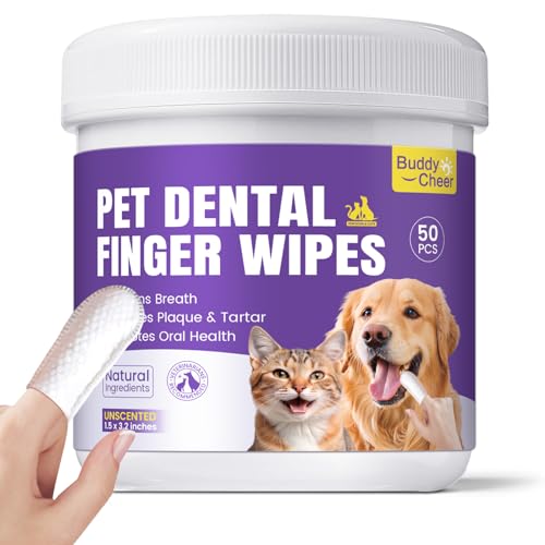 No-Rinse Dog Dental Care Wipes, Cat & Dog tooth brushing kit, Dog Wipes for Pet & Cat Teeth Cleaning, Dog toothbrush Finger Dental Wipes to Remove Plaque & Tartar, Disposable Dog Wipes - 50 Count