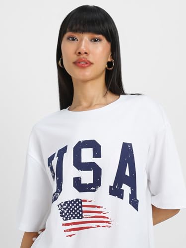 Image of JUNEBERRY Round Neck Drop Shoulder Round Neck Black & White Graphic Printed Pure Cotton Oversized Baggy Fit Half Sleeve T-Shirt for Women & Girls (Sizes: S to 2XL)