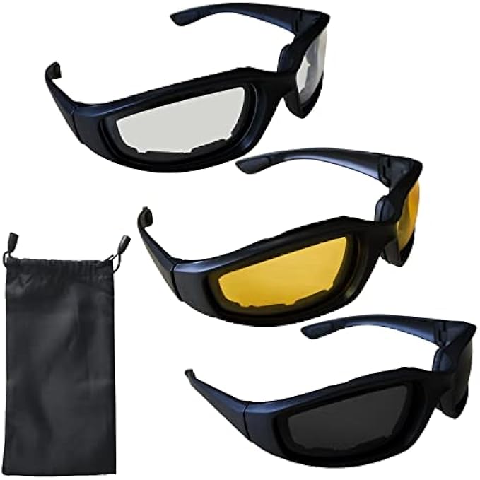 3 Pairs Motorcycle Riding Glasses Foam Padded Eyewear Goggles UV Protection Anti-Wind Dustproof Motorcycle Sunglasses for Outdoor Activities Sports-Clear Yellow Smoke.