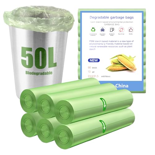 YOMKILU 90 Pezzi Sacchetti Umido Biodegradabili 50L, 6 Rollen 60x80cm Sacchetti Spazzatura, 13 Gal Buste Immondizia per Cucina, Ufficio, Soggiorno, Bagno, Verde