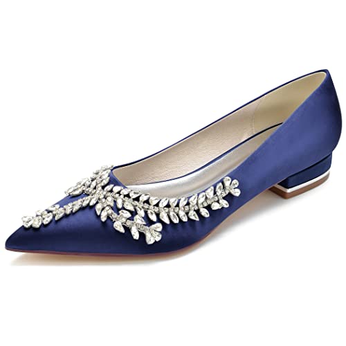 QXue Slip on Damen Ballerinas Brautschuhe Flats Satin Strass Brautjungfer Hochzeit Kleid Schuhe 36-43,Dark Blue,5 UK/38 EU Cover