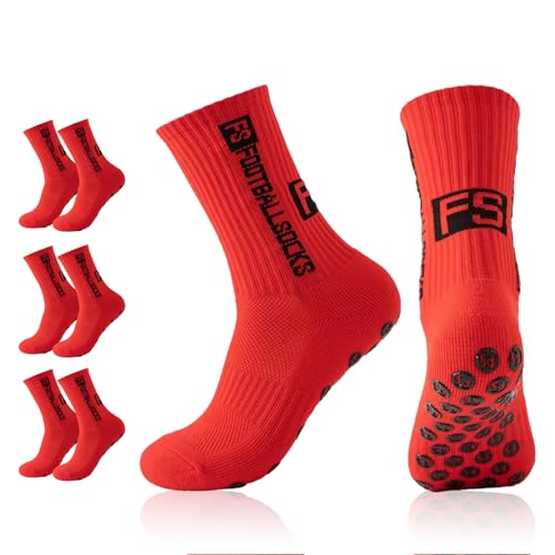 Sykrawki 3 Paires Chaussettes Antidérapantes pour Football, Basketball, Trekking, Handball, Yoga - Hommes et Femmes (FR/ES, Numérique, 39, 46, Taille normale, Taille normale, 3, rouge)