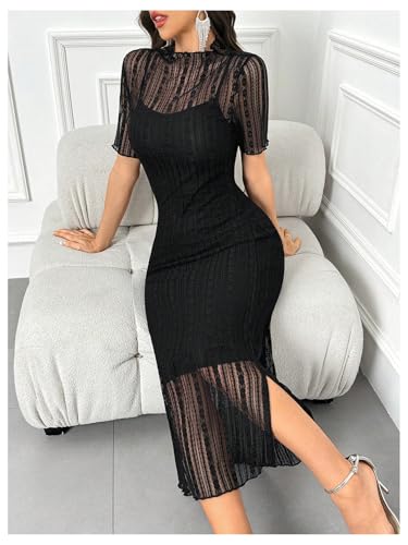 Floerns Women's Contrast Lace Mock Neck Pencil Dress Mesh Short Sleeve Slit Midi Dresses3