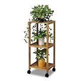 SUKAAGO フラワースタンド 木製 3段 フラワーラック 竹製 花台 3-6段 園芸ラック 観葉植物 花台 植木鉢台 ガーデンラック 花台 多肉 ラック 多肉植物スタンド ガーデニング用品バルコニー リビングルーム 階段 庭に適しています (3層,キャスタ一付き)