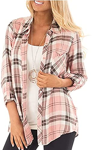 Jug&Po Womens Casual Cuffed 3 4 Long Sleeve Plaid Button Down Shirts Blouse Tops (Small, SZ Pink)