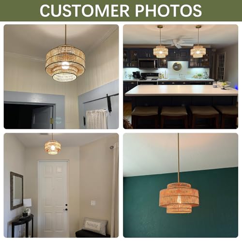 12.4” Boho Rattan Chandelier Light Fixture, 1-Light Hand Woven Pendant Light Fixture Farmhouse Rustic Hanging Lamp for Kitchen Island Bedroom, Dining Room, Living Room, Entryway, Foyer