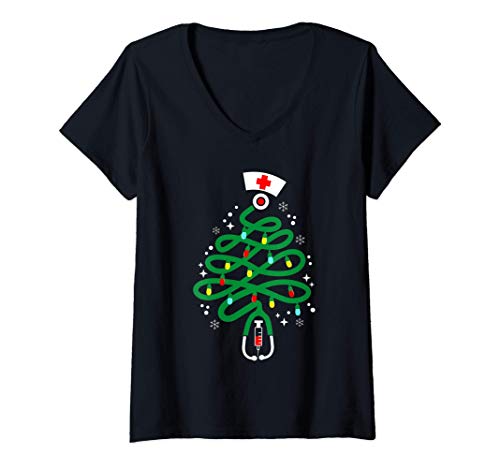 Mujer Stethoscope Christmas Tree | Funny Nurse Christmas Pajamas Camiseta Cuello V