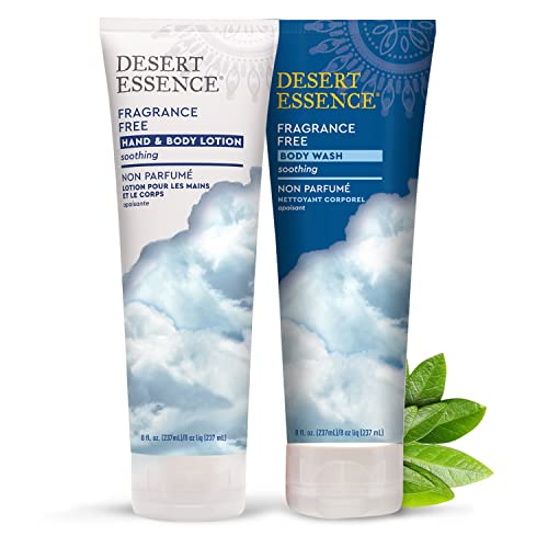 Desert Essence Fragrance Free Body Wash & Hand And Body Lotion Bundle - 8 Fl Ounce - Soothing - Aloe Vera - Green Tea - Jojoba Oil - Refreshing