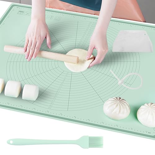 Silicone Baking Mat 32" x 24", Extra Thick Non-Stick Pastry Mat with Measurements and Edge Heightening, Food Grade Silicone for Countertop Dough Rolling(with Dough Scraper and Pastry Brush)